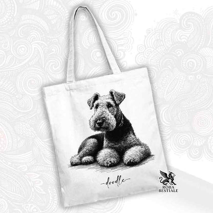 Tote bag bianca stampata con un Airedale Terrier, grafica Doodle