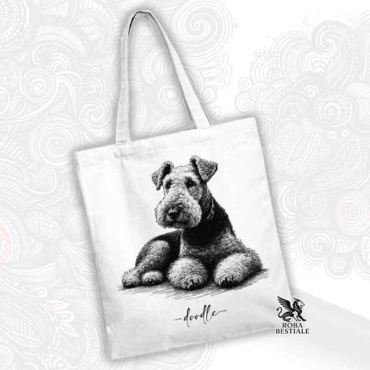 Tote bag bianca stampata con un Airedale Terrier, grafica Doodle