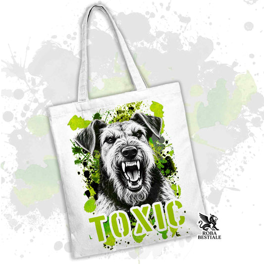 Shopping bag bianca con stampa cane Airedale e scritta TOXIC, manici lunghi