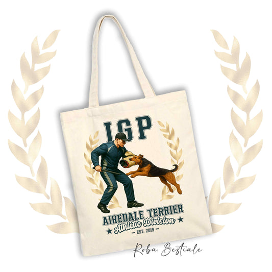 Borsa shopper stampata con un Airedale Terrier che fa IGP. Grafica originale Roba Bestiale