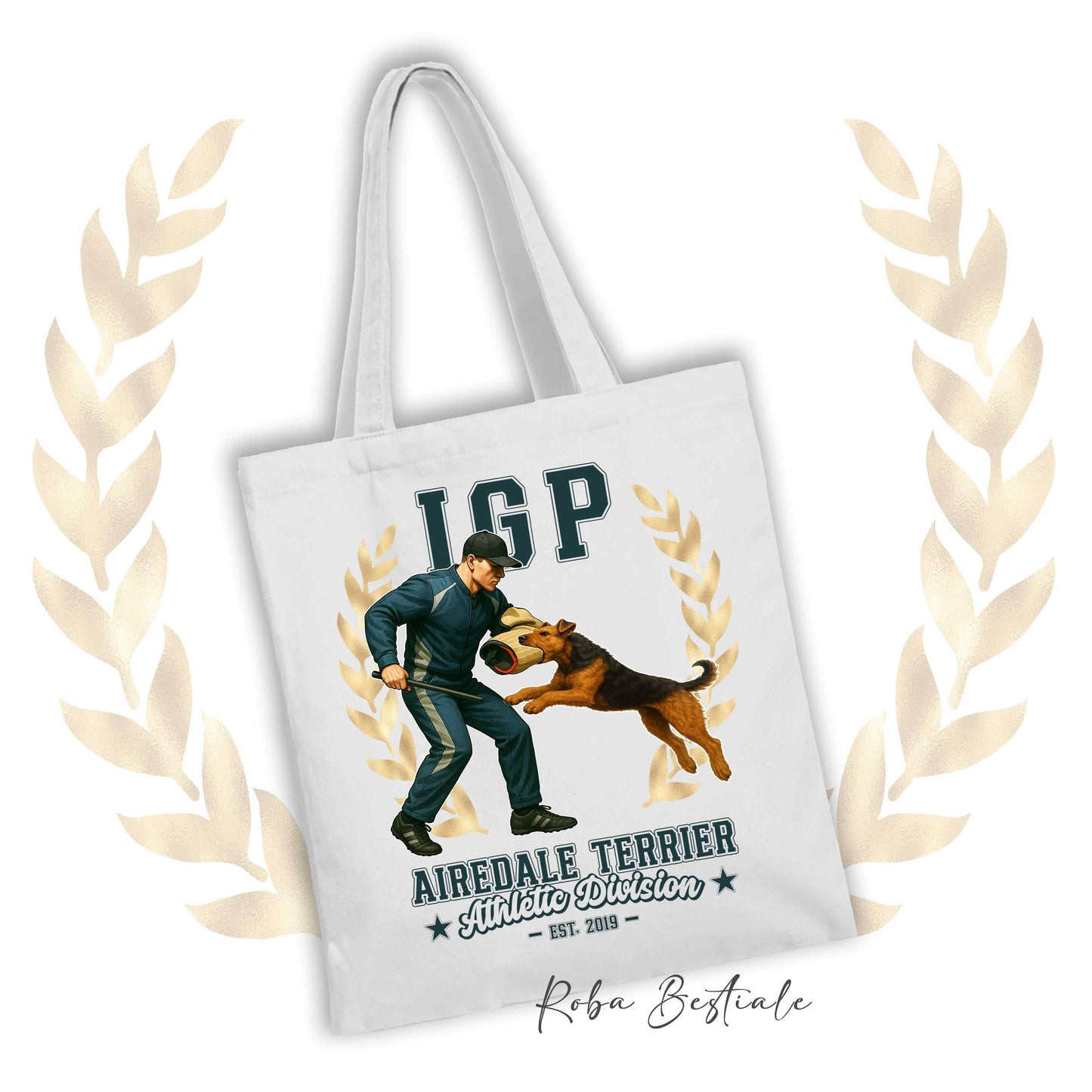 Borsa shopper stampata con un Airedale Terrier che fa IGP. Grafica originale Roba Bestiale