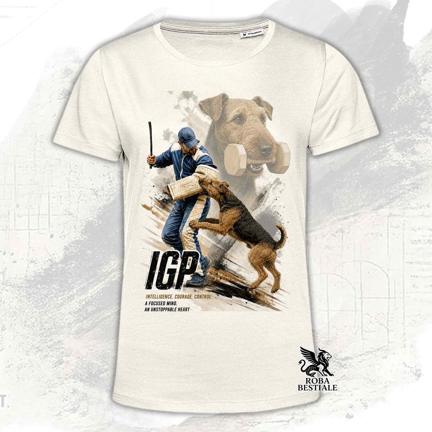 T-shirt beige stampata con un Airedale Terrier in una grafica dedicata all'IGP, collezione Zero DIstance di Roba Bestiale