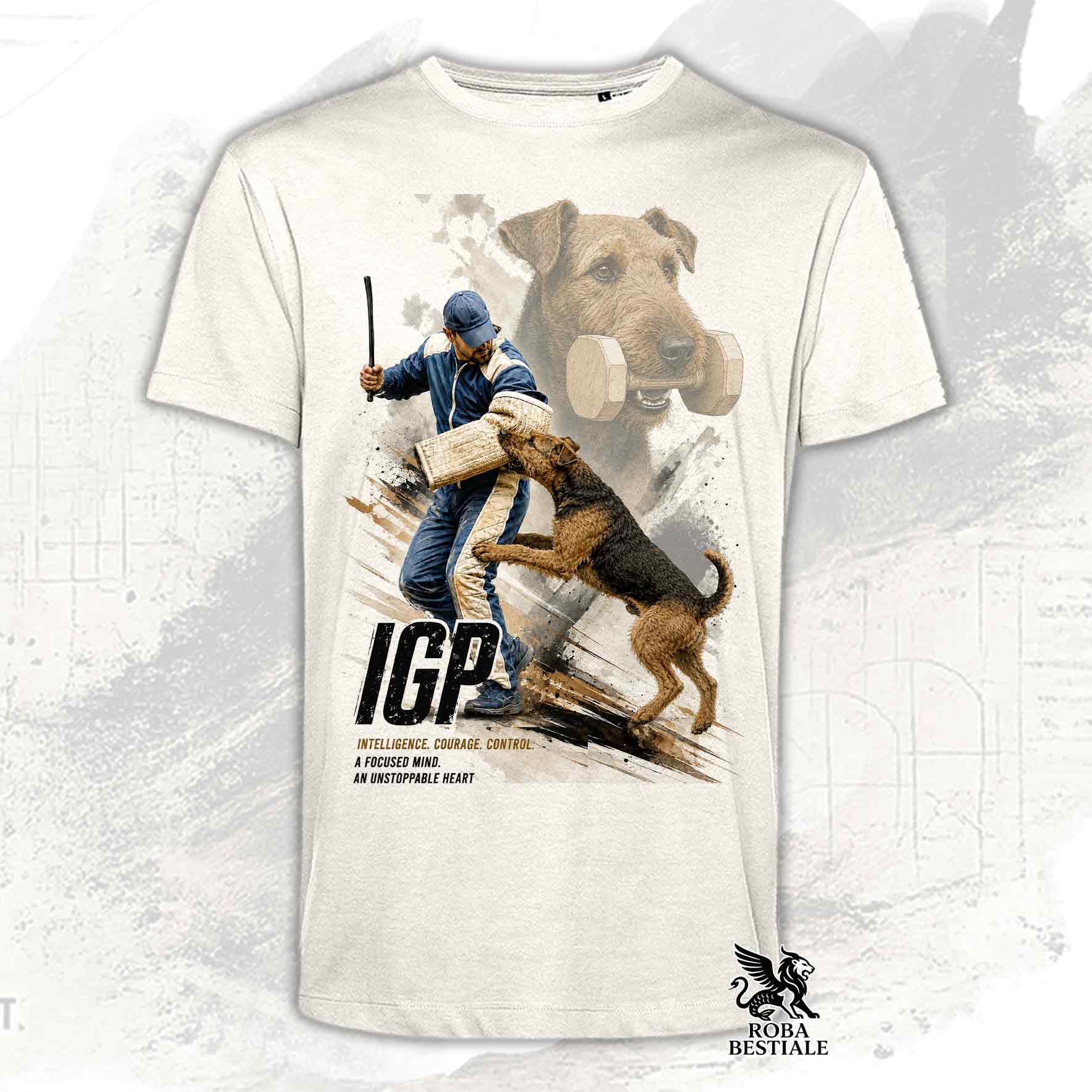 T-shirt beige stampata con un Airedale Terrier in una grafica dedicata all'IGP, collezione Zero DIstance di Roba Bestiale