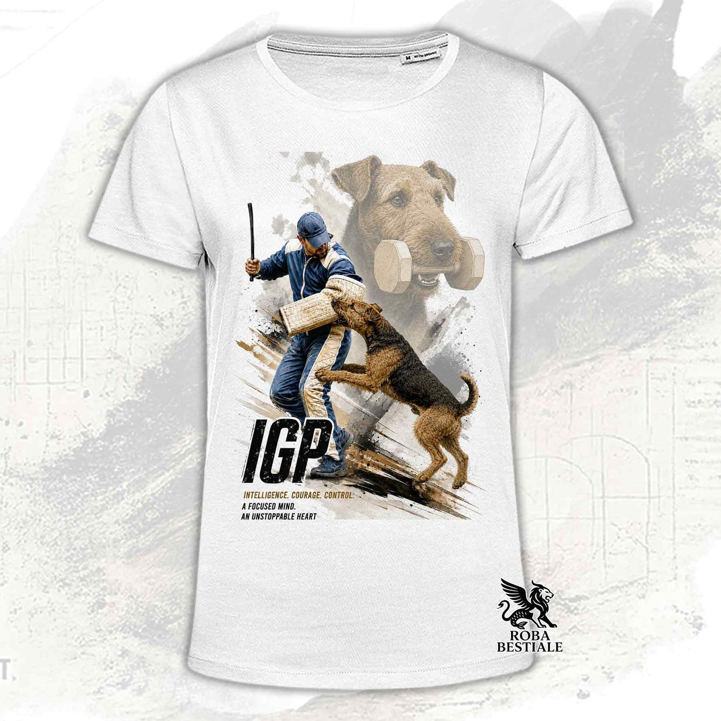 T-shirt bianca stampata con un Airedale Terrier in una grafica dedicata all'IGP, collezione Zero DIstance di Roba Bestiale