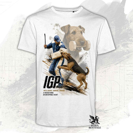 T-shirt bianca stampata con un Airedale Terrier in una grafica dedicata all'IGP, collezione Zero DIstance di Roba Bestiale