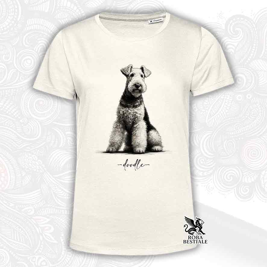 T-shirt beige stampata con un Airedale Terrier, grafica Doodle