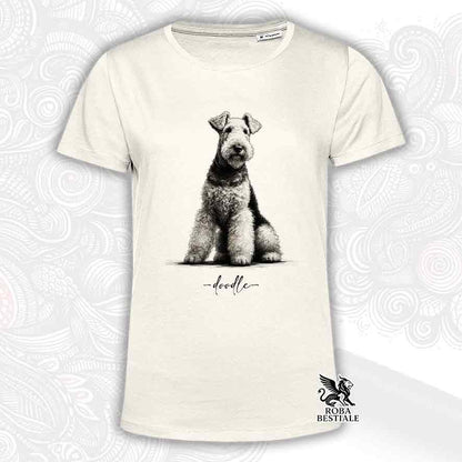 T-shirt beige stampata con un Airedale Terrier, grafica Doodle