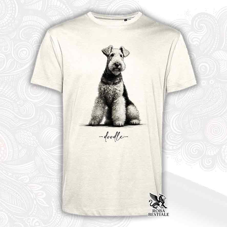 T-shirt beige stampata con un Airedale Terrier, grafica Doodle