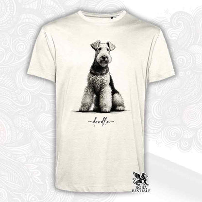 T-shirt beige stampata con un Airedale Terrier, grafica Doodle
