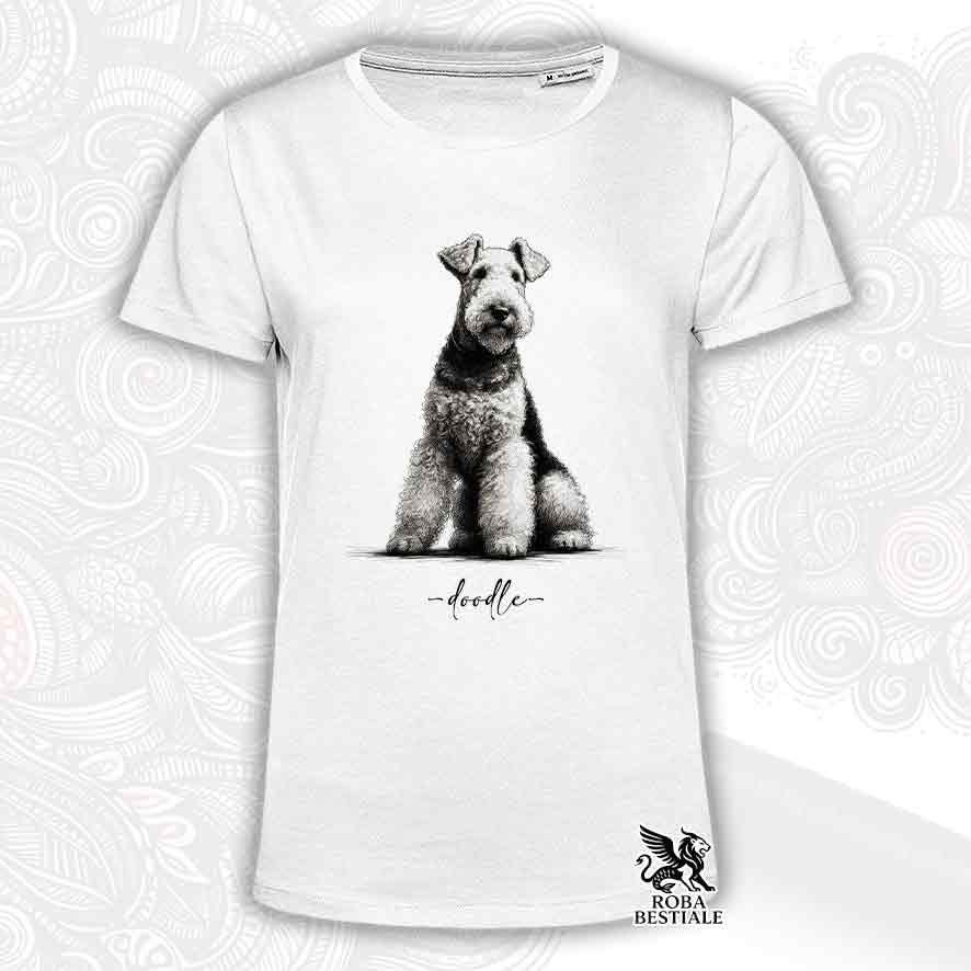 T-shirt bianca stampata con un Airedale Terrier, grafica Doodle