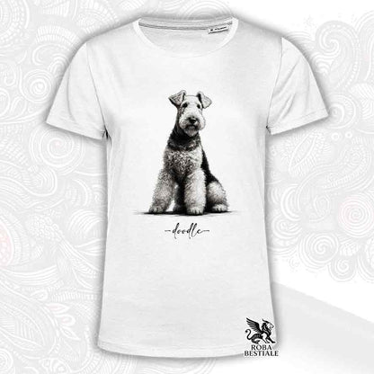 T-shirt bianca stampata con un Airedale Terrier, grafica Doodle