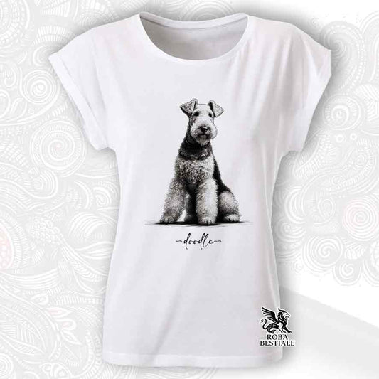 T-shirt bianca stampata con un Airedale Terrier, grafica Doodle
