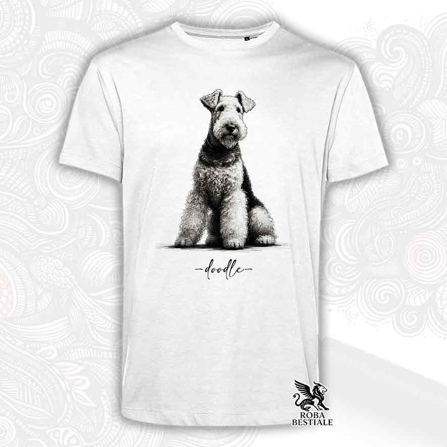 T-shirt bianca stampata con un Airedale Terrier, grafica Doodle
