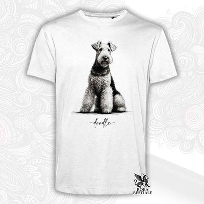 T-shirt bianca stampata con un Airedale Terrier, grafica Doodle