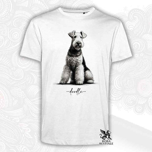 T-shirt bianca stampata con un Airedale Terrier, grafica Doodle