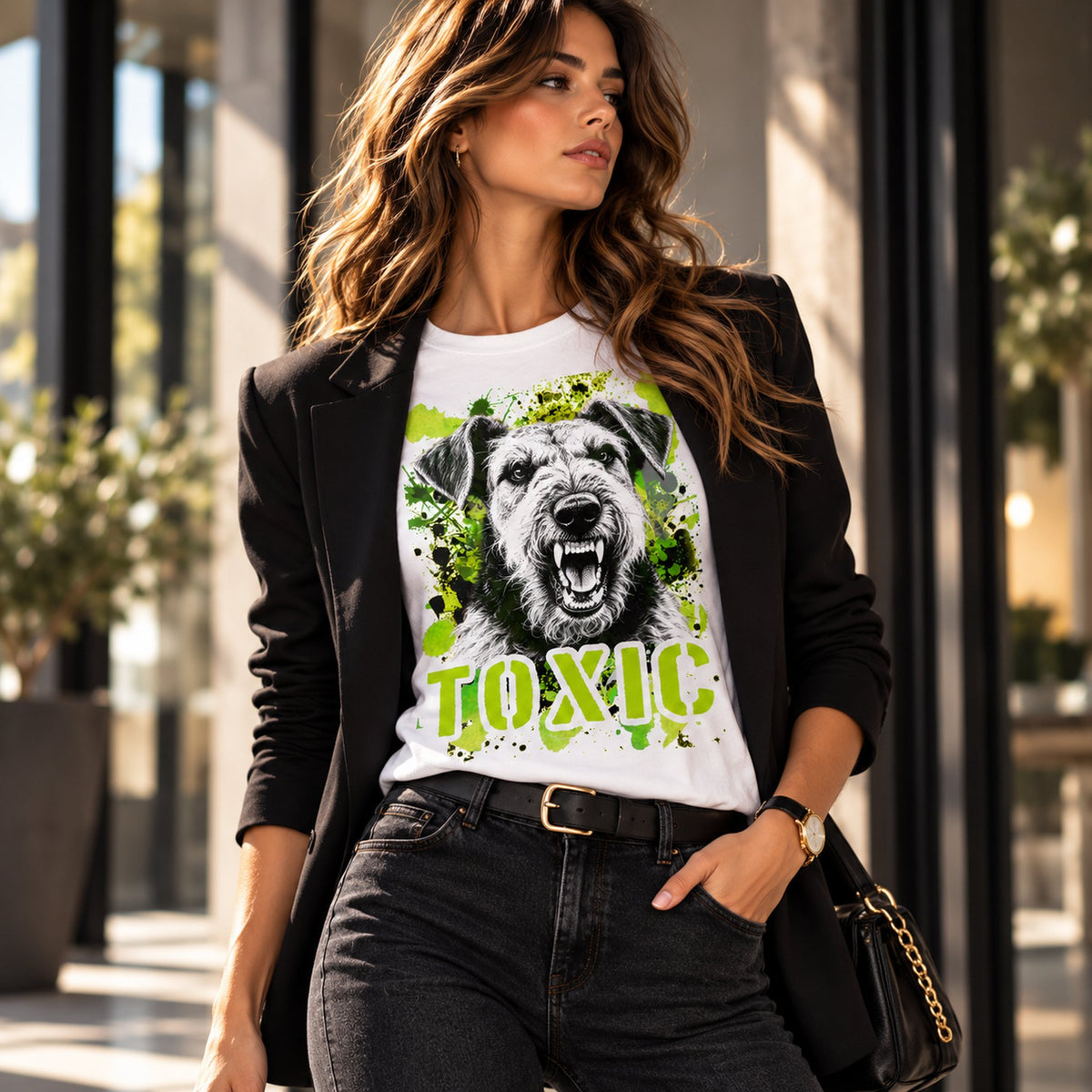 T-shirt bianca stampata con un Airedale Terrier con espressione arrabbiata. Grafica originale Roba Bestiale, collezione Toxic