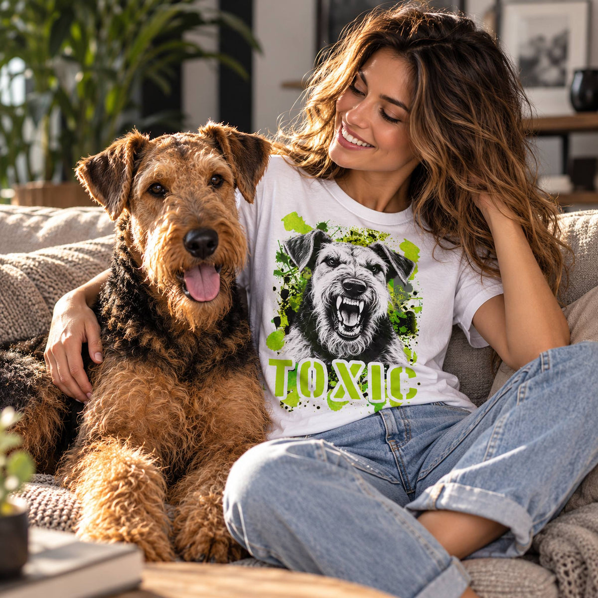 T-shirt bianca stampata con un Airedale Terrier con espressione arrabbiata. Grafica originale Roba Bestiale, collezione Toxic