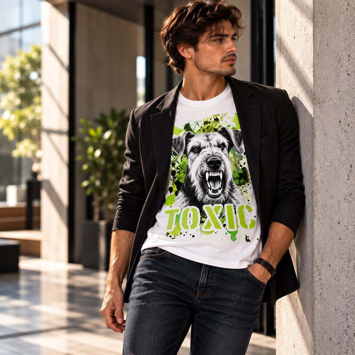 T-shirt bianca stampata con un Airedale Terrier con espressione arrabbiata. Grafica originale Roba Bestiale, collezione Toxic