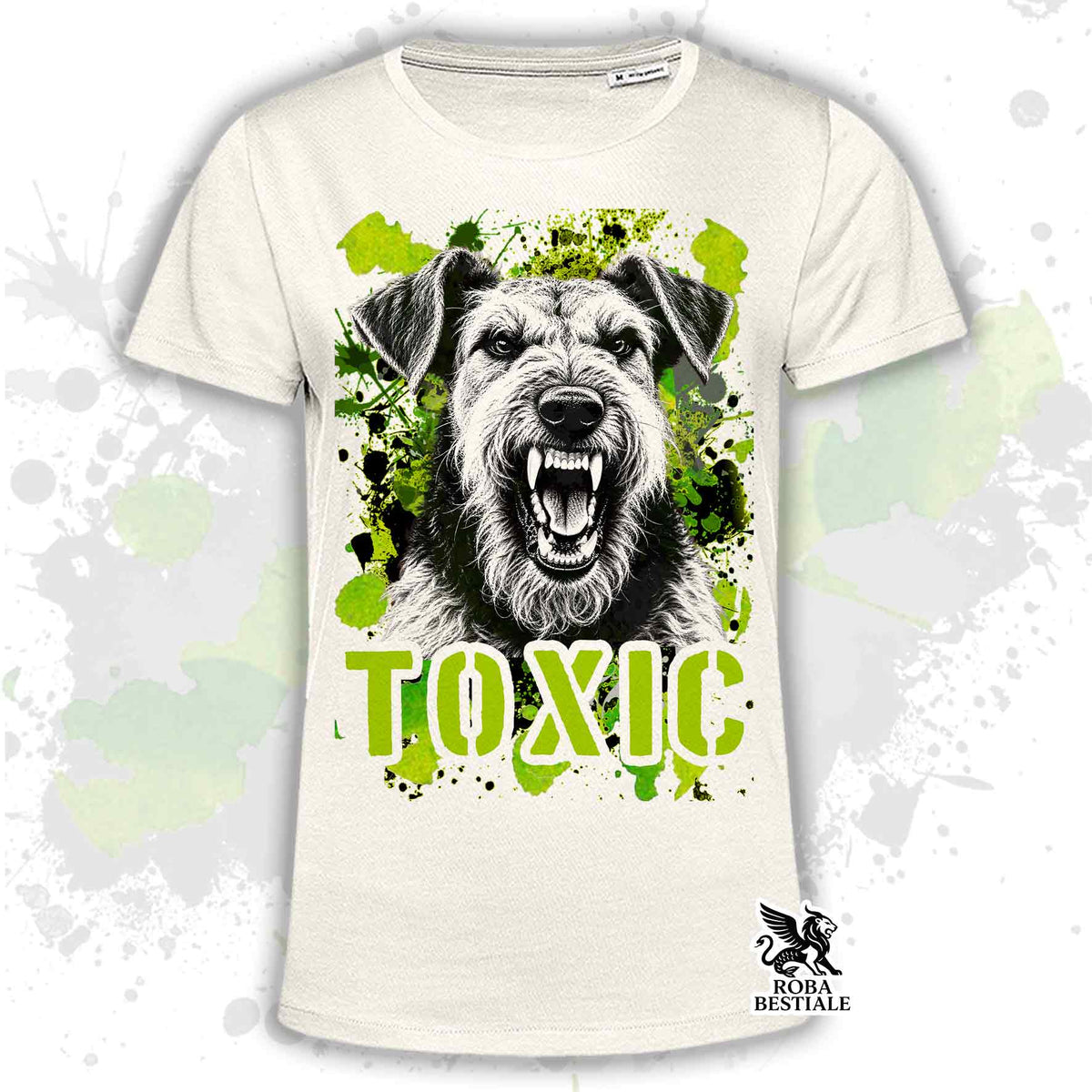 T-shirt bianca stampata con un Airedale Terrier con espressione arrabbiata. Grafica originale Roba Bestiale, collezione Toxic