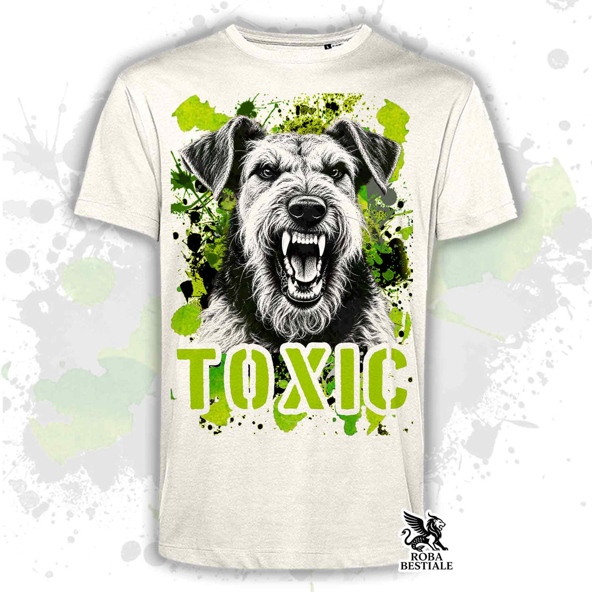T-shirt bianca stampata con un Airedale Terrier con espressione arrabbiata. Grafica originale Roba Bestiale, collezione Toxic