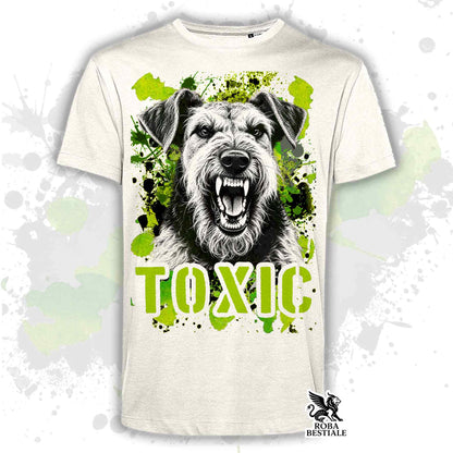 T-shirt bianca stampata con un Airedale Terrier con espressione arrabbiata. Grafica originale Roba Bestiale, collezione Toxic