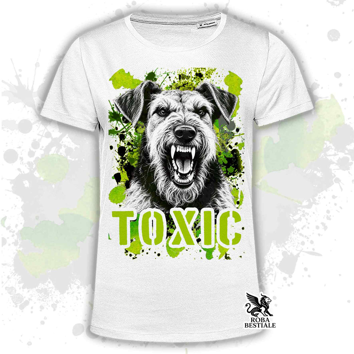 T-shirt bianca stampata con un Airedale Terrier con espressione arrabbiata. Grafica originale Roba Bestiale, collezione Toxic