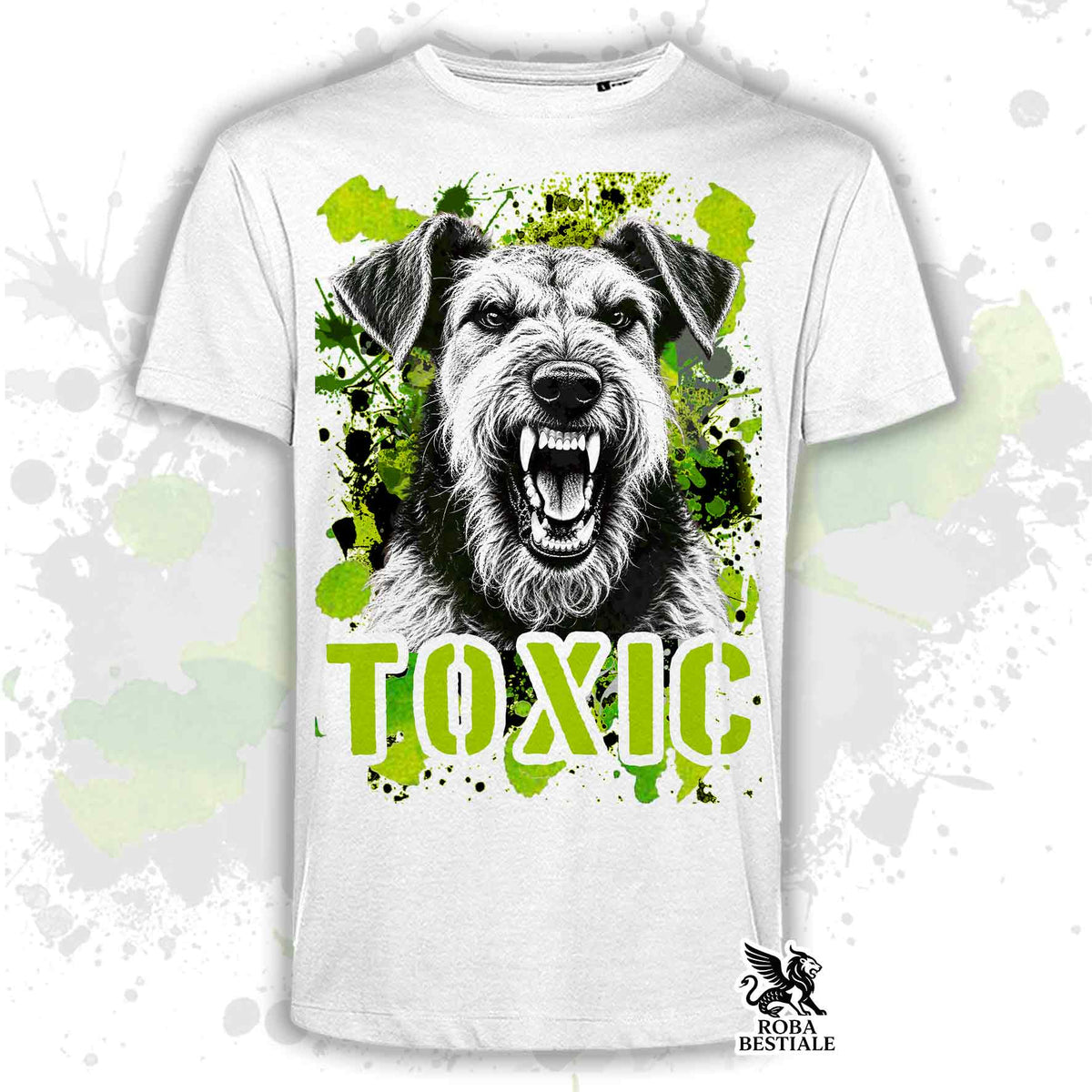 T-shirt bianca stampata con un Airedale Terrier con espressione arrabbiata. Grafica originale Roba Bestiale, collezione Toxic