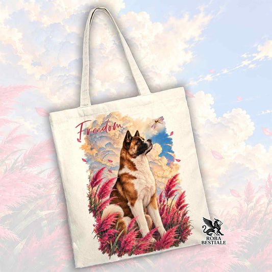 Borsa tote bianca con stampa cane Akita e scritta Freedom, logo sul fondo