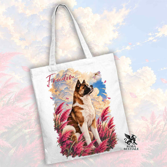 Borsa tote bianca con manici e stampa cane Akita tra fiori, logo Roba