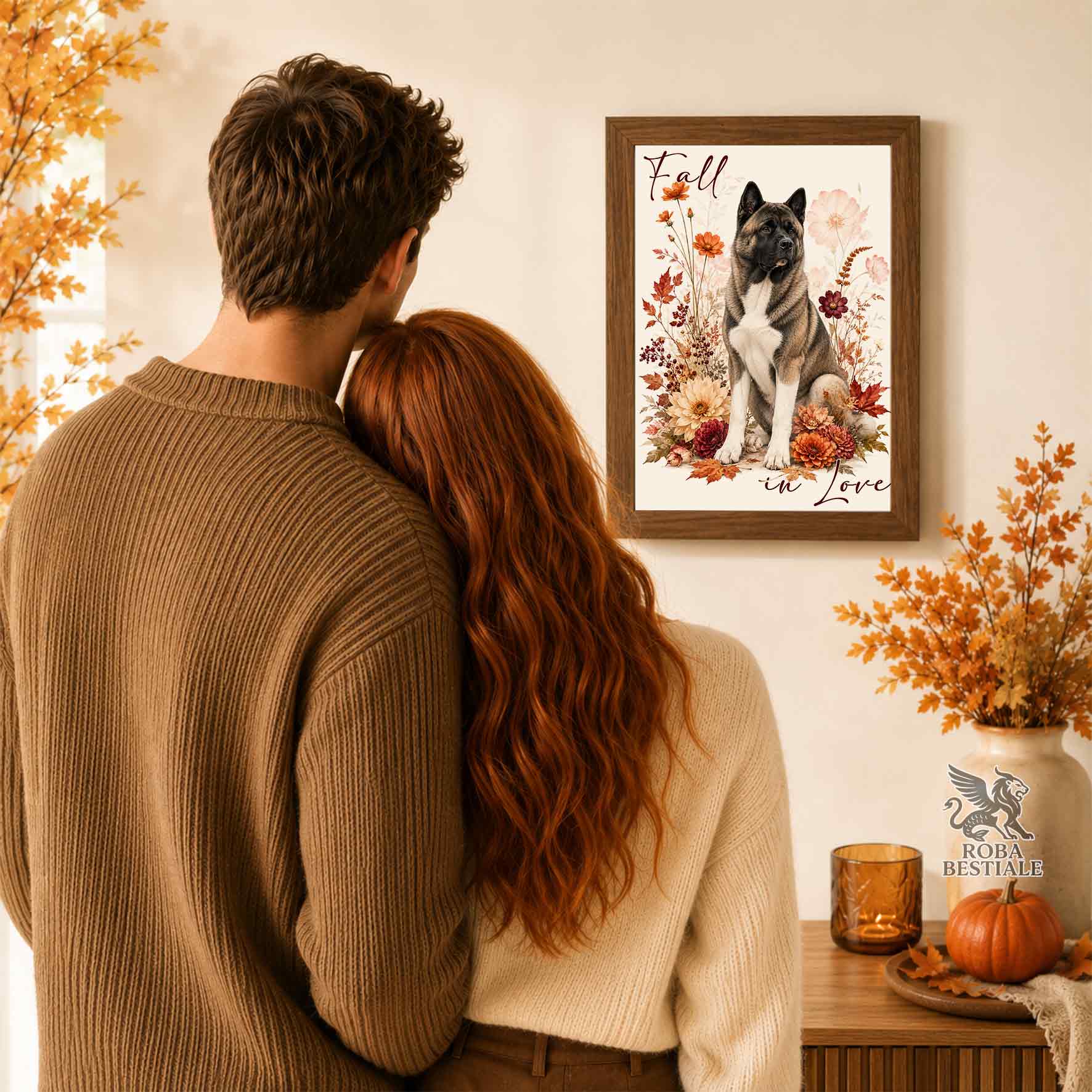 Quadretto con la stampa A4 di un Akita Americano seduto in mezzo a fiori e foglie autunnali. Grafica originale Roba Bestiale, collezione Fall in Love