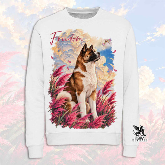 Felpa girocollo bianca con grafica cane e scritta Freedom sul petto