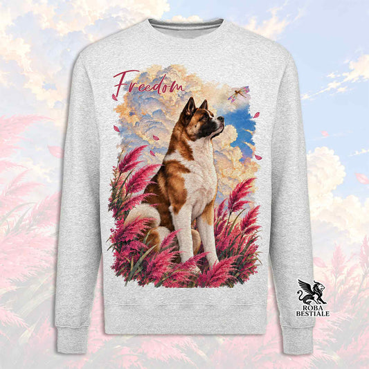 Felpa girocollo grigia con grafica cane e scritta Freedom