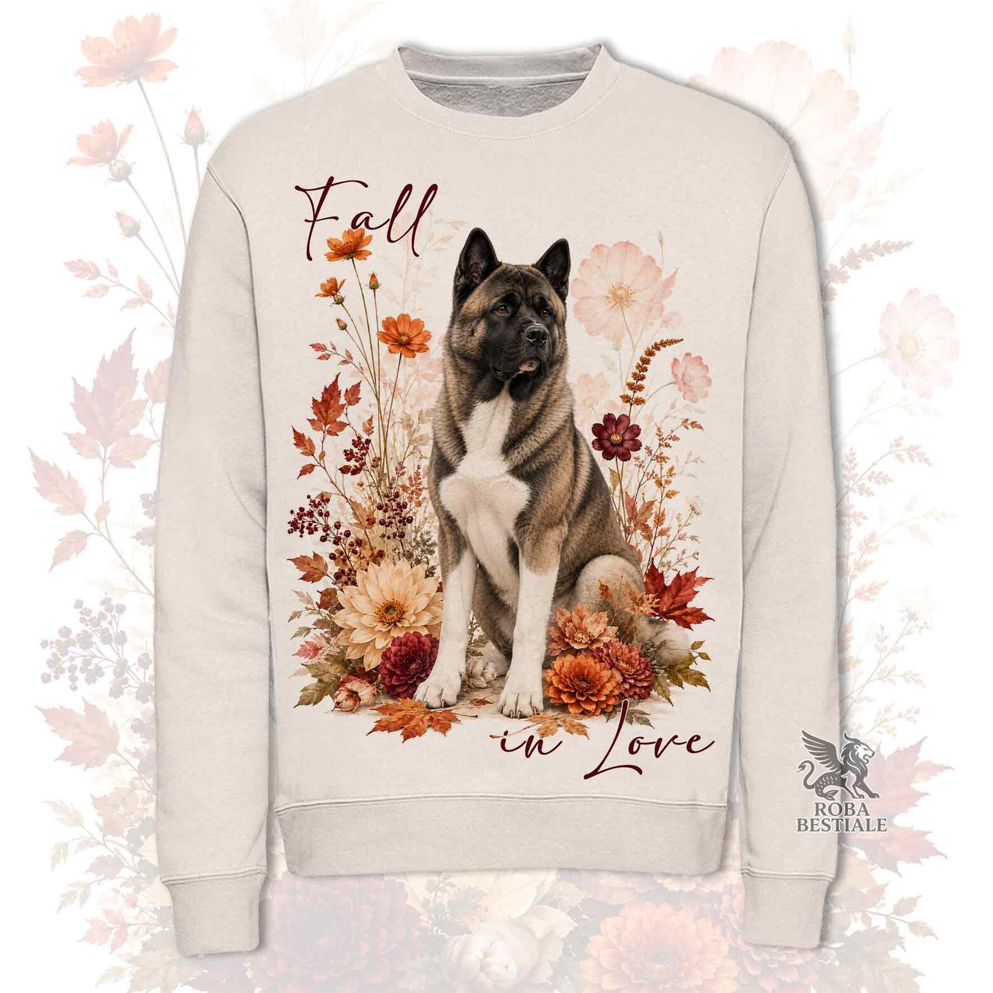 Felpa girocollo beige stampata con un Akita Americano seduto in mezzo a fiori e foglie autunnali. Grafica originale Roba Bestiale, collezione Fall in Love