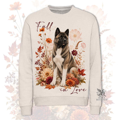 Felpa girocollo beige stampata con un Akita Americano seduto in mezzo a fiori e foglie autunnali. Grafica originale Roba Bestiale, collezione Fall in Love