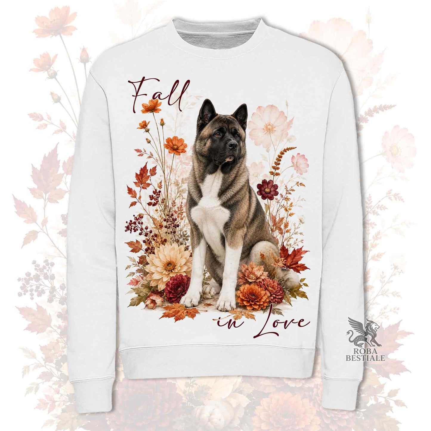 Felpa girocollo bianco stampata con un Akita Americano seduto in mezzo a fiori e foglie autunnali. Grafica originale Roba Bestiale, collezione Fall in Love