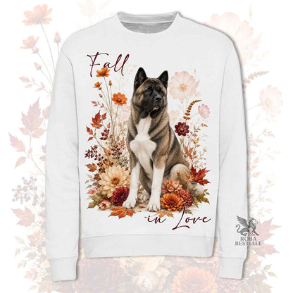 Felpa girocollo bianco stampata con un Akita Americano seduto in mezzo a fiori e foglie autunnali. Grafica originale Roba Bestiale, collezione Fall in Love