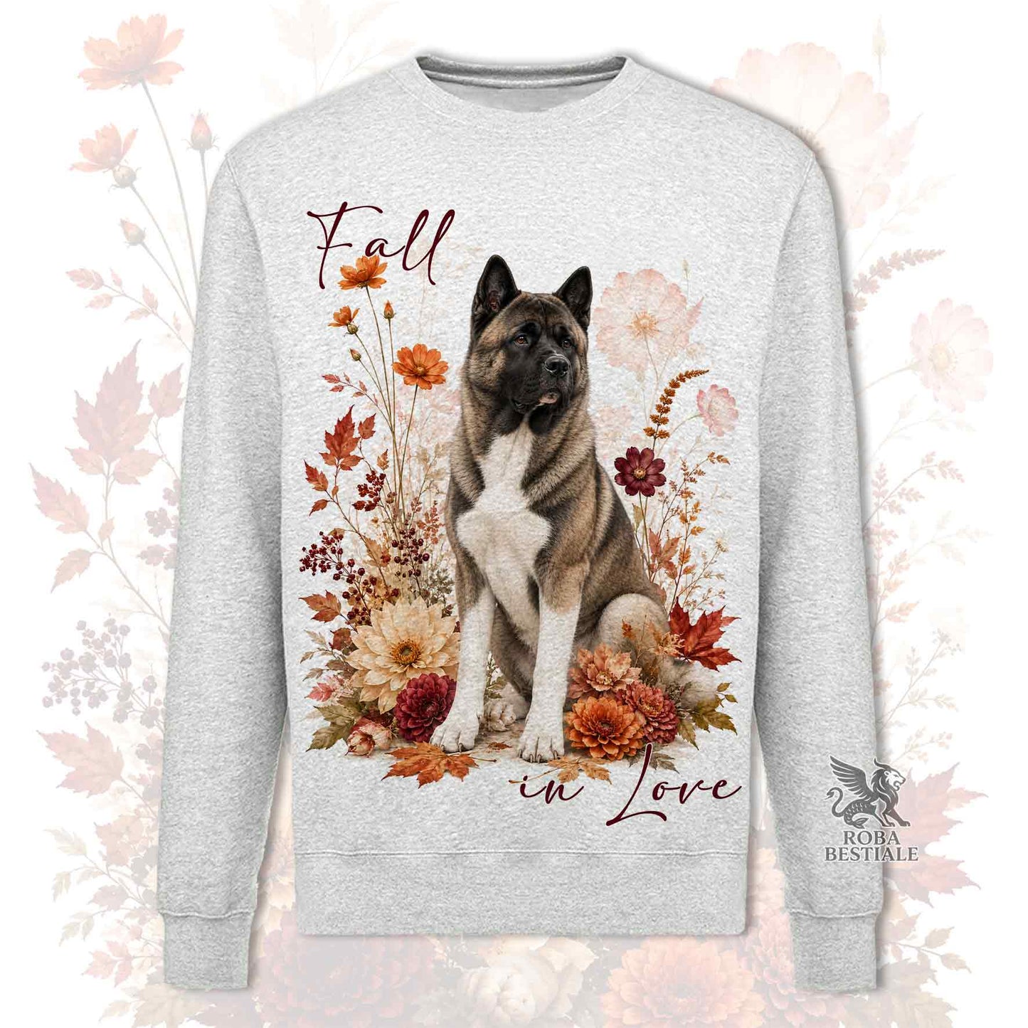 Felpa girocollo grigio stampata con un Akita Americano seduto in mezzo a fiori e foglie autunnali. Grafica originale Roba Bestiale, collezione Fall in Love