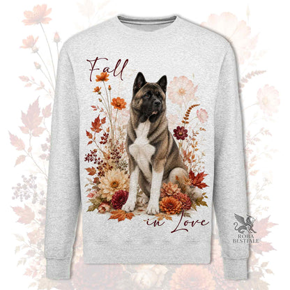 Felpa girocollo grigio stampata con un Akita Americano seduto in mezzo a fiori e foglie autunnali. Grafica originale Roba Bestiale, collezione Fall in Love