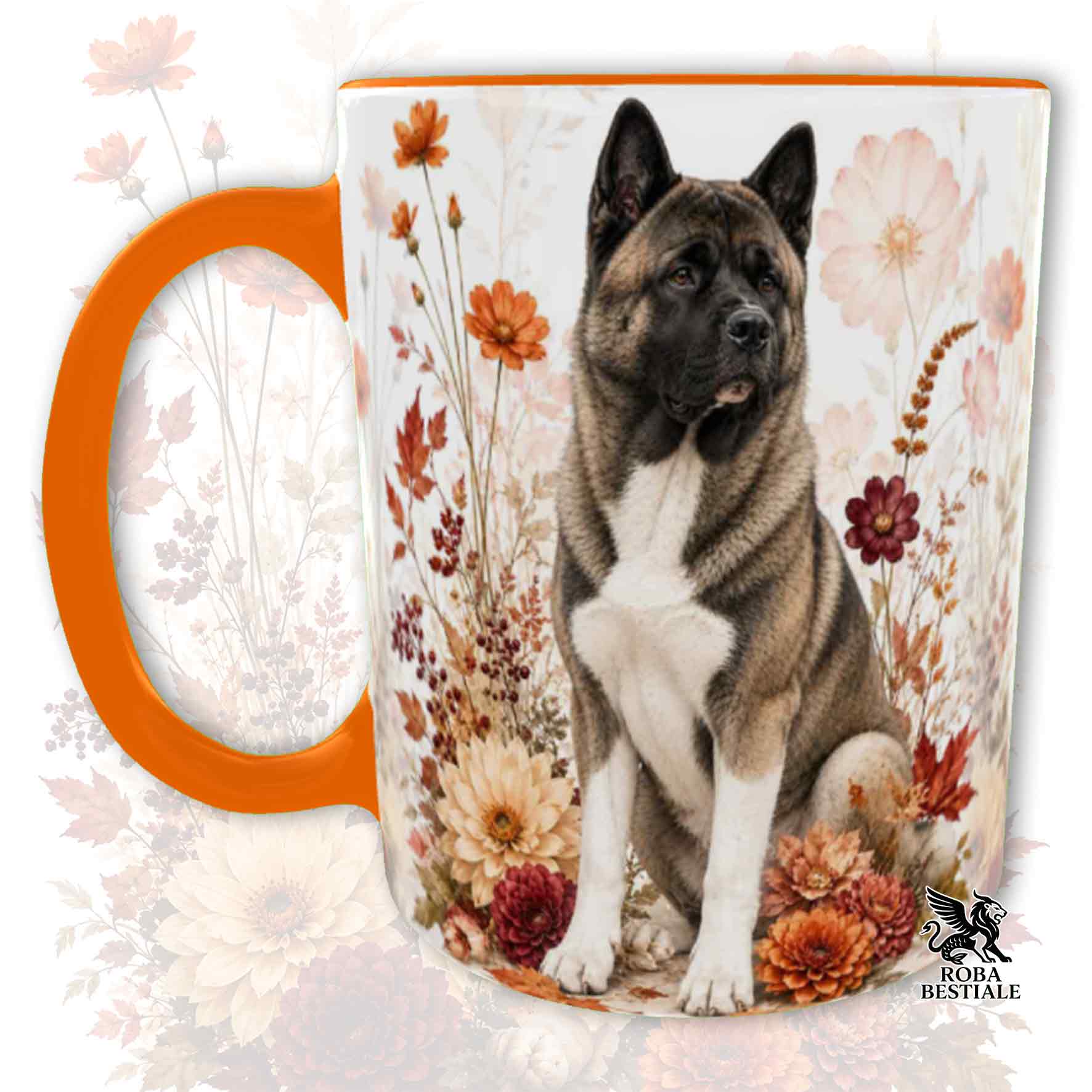 Tazza con la stampa di un Akita Americano seduto in mezzo a fiori e foglie autunnali. Grafica originale Roba Bestiale, collezione Fall in Love