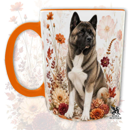 Tazza con la stampa di un Akita Americano seduto in mezzo a fiori e foglie autunnali. Grafica originale Roba Bestiale, collezione Fall in Love