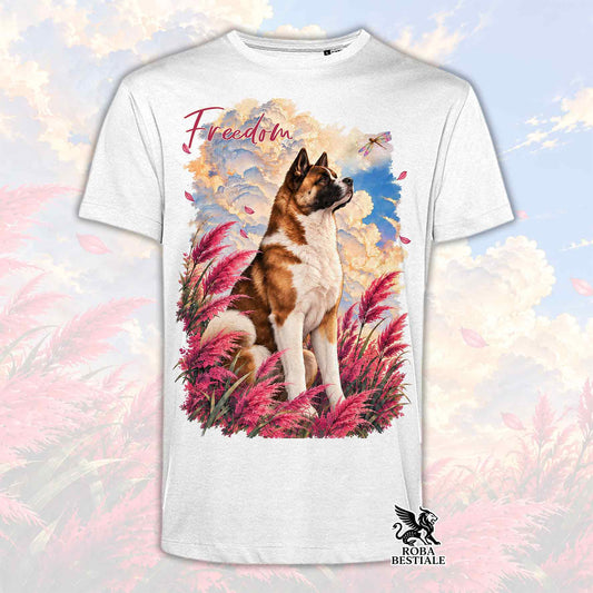 Maglietta bianca con stampa cane, piume colorate, scritta Freedom e logo Roba Bestiale