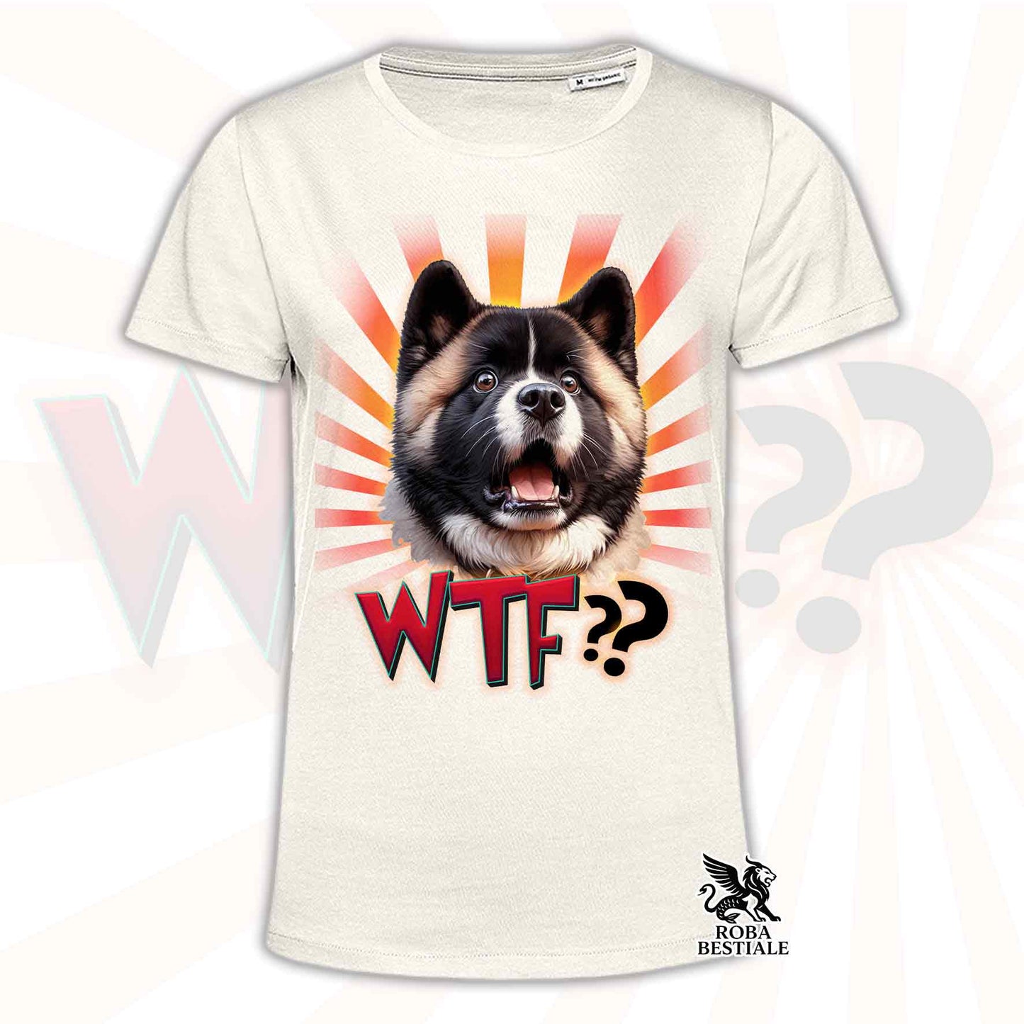 T-shirt beige stampata con un Akita Americano con espressione sorpresa. Grafica originale Roba Bestiale, collezione WTF??