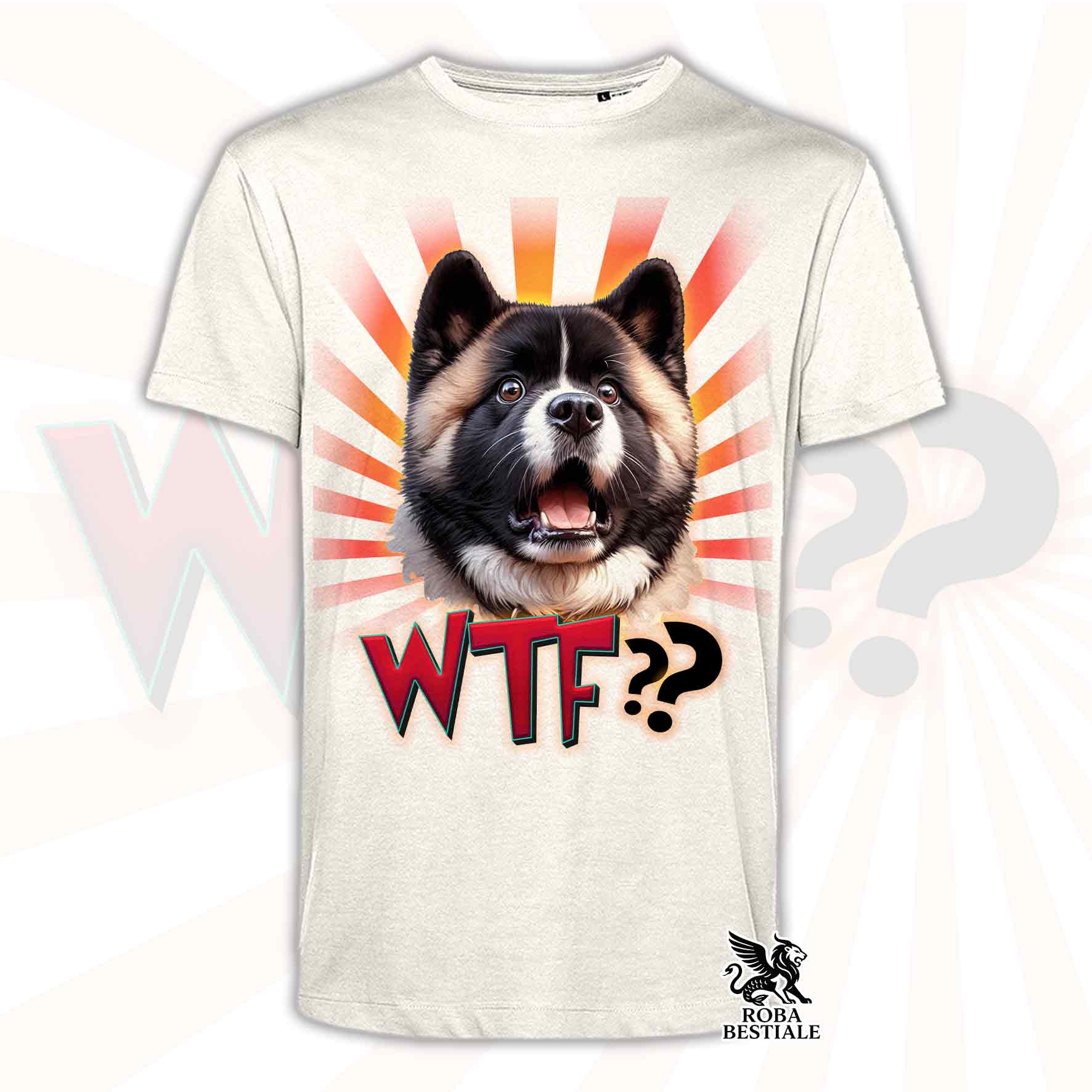 T-shirt beige stampata con un Akita Americano con espressione sorpresa. Grafica originale Roba Bestiale, collezione WTF??