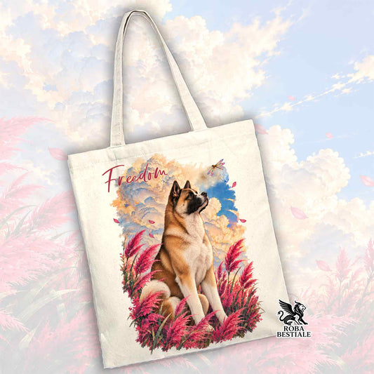 Borsa tote con manici lunghi, stoffa bianca e stampa cane multicolore Freedom