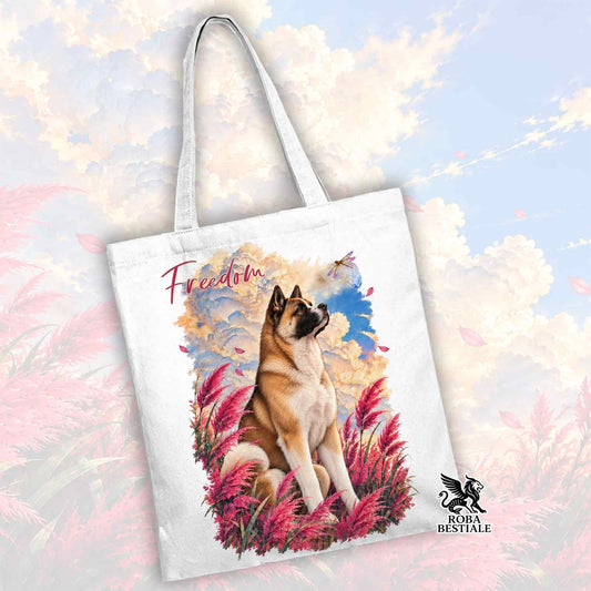 Tote bag bianca con stampa di akita americano fulvo e scritta Freedom