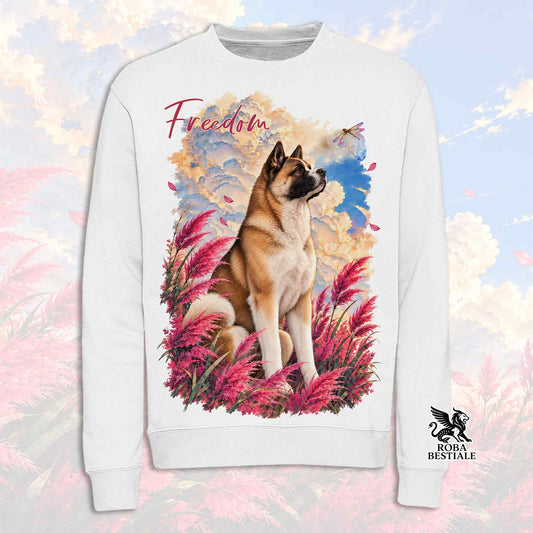 Felpa girocollo bianca con stampa cane e scritta Freedom, logo Robale Bestiale a destra.