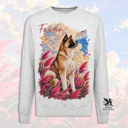 Felpa girocollo grigio chiaro con stampa cane e scritta Freedom, logo Robale Bestiale.