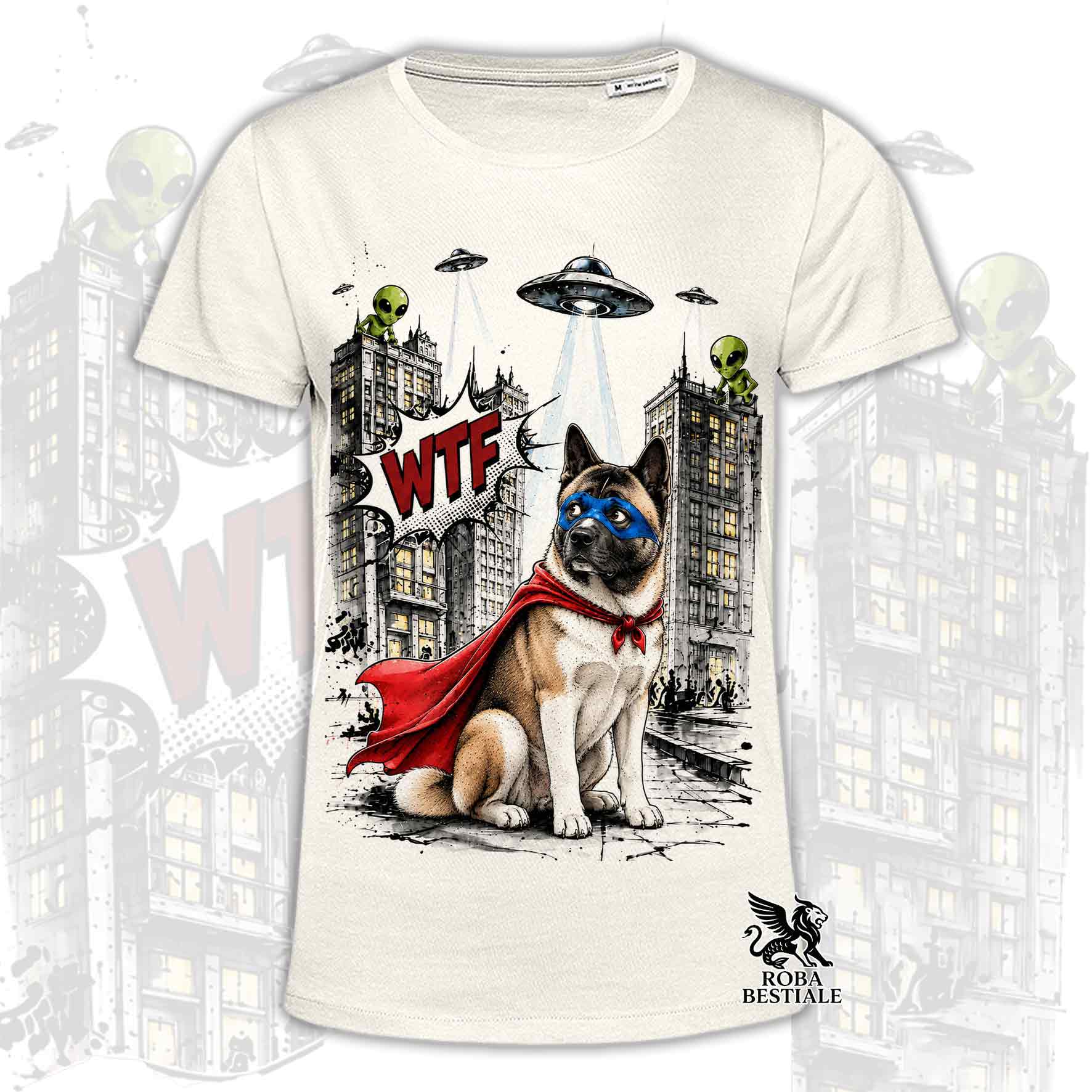 T-shirt beige stampata con un Akita Americano con espressione sorpresa, vestito da Super Eroe. Grafica originale Roba Bestiale, collezione Hero