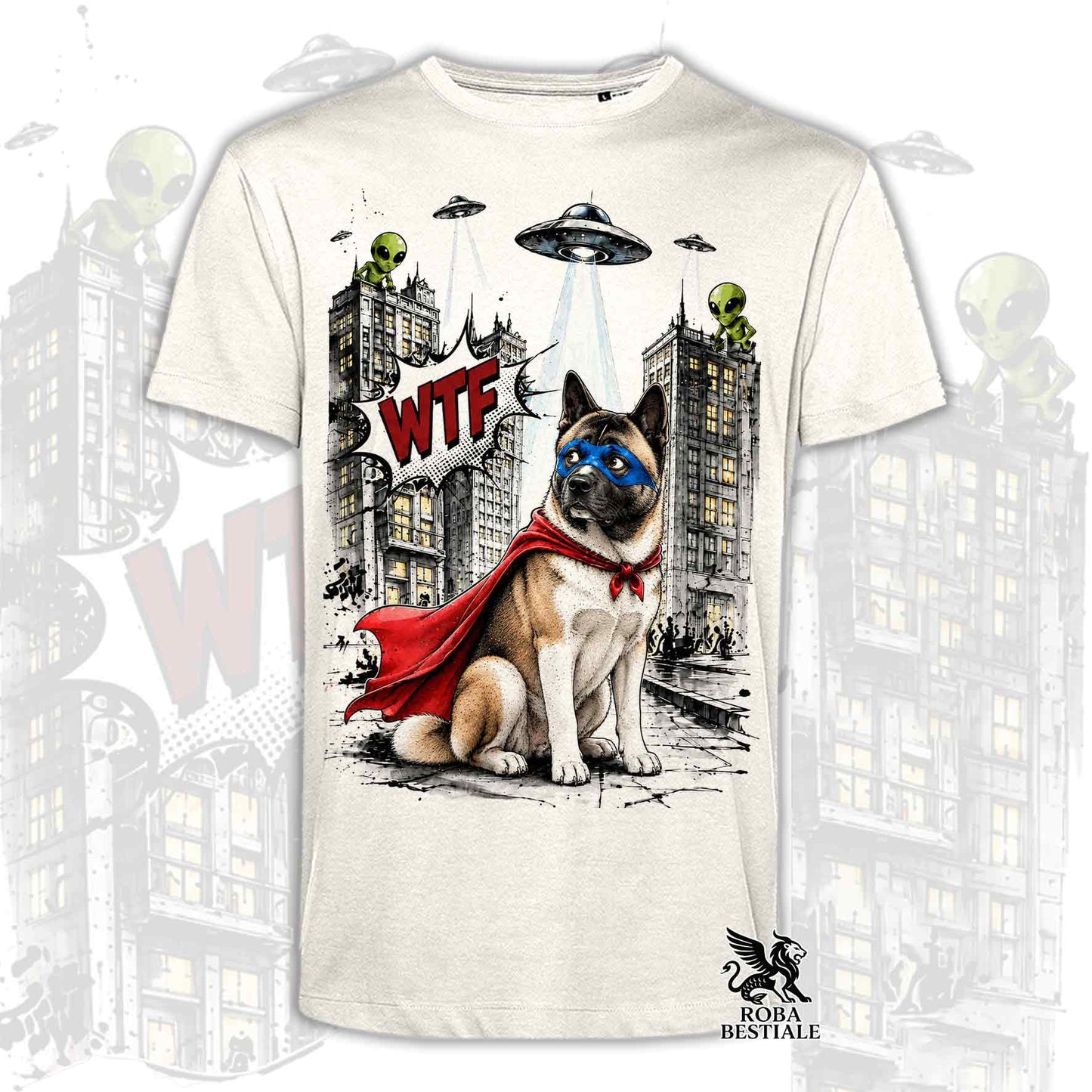 T-shirt beige stampata con un Akita Americano con espressione sorpresa, vestito da Super Eroe. Grafica originale Roba Bestiale, collezione Hero