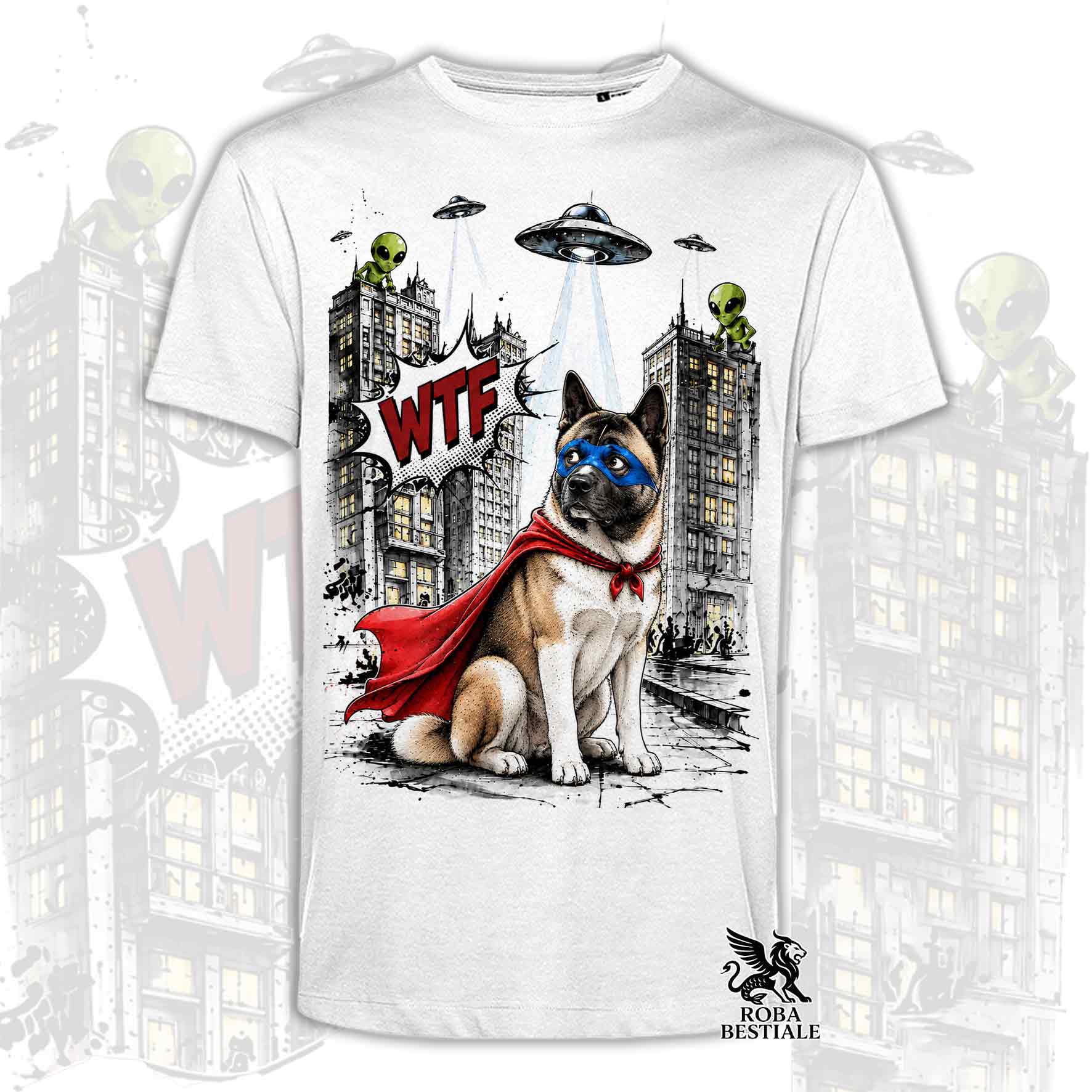 T-shirt bianca stampata con un Akita Americano con espressione sorpresa, vestito da Super Eroe. Grafica originale Roba Bestiale, collezione Hero